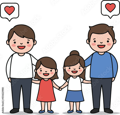 Cartoon family of four with love calendar icons
