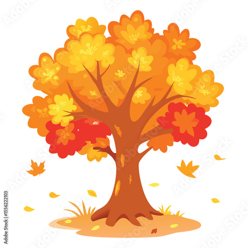 Autumn season foliage illustration with falling leaves and colorful tree for background design asset