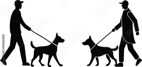 People Walking Dogs Silhouette Set, Pet Owner and Dog Black Icons, Man Leashing Canine Vector Graphic.