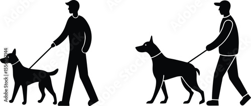 People Walking Dogs Silhouette Set, Pet Owner and Dog Black Icons, Man Leashing Canine Vector Graphic.