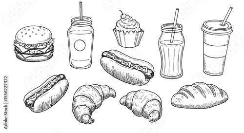 Fast food and beverages vector illustration: hand drawn style for menu or poster design
