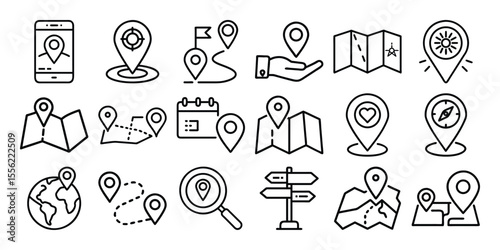 Collection of modern outline icons representing navigation travel and location services including maps phones and destinations