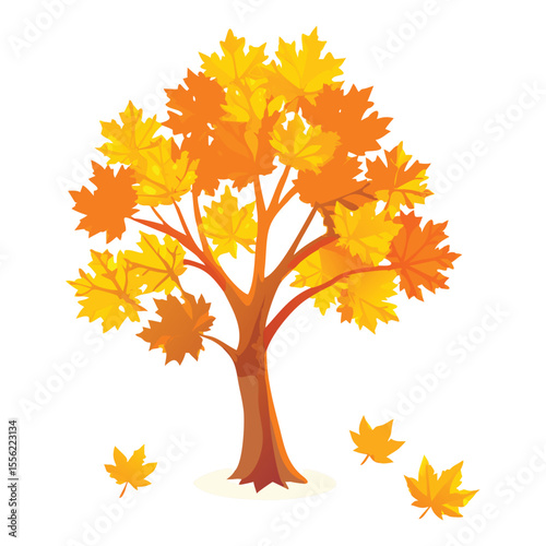 Fall season maple tree with yellow and orange leaves on white background autumn landscape clip art design