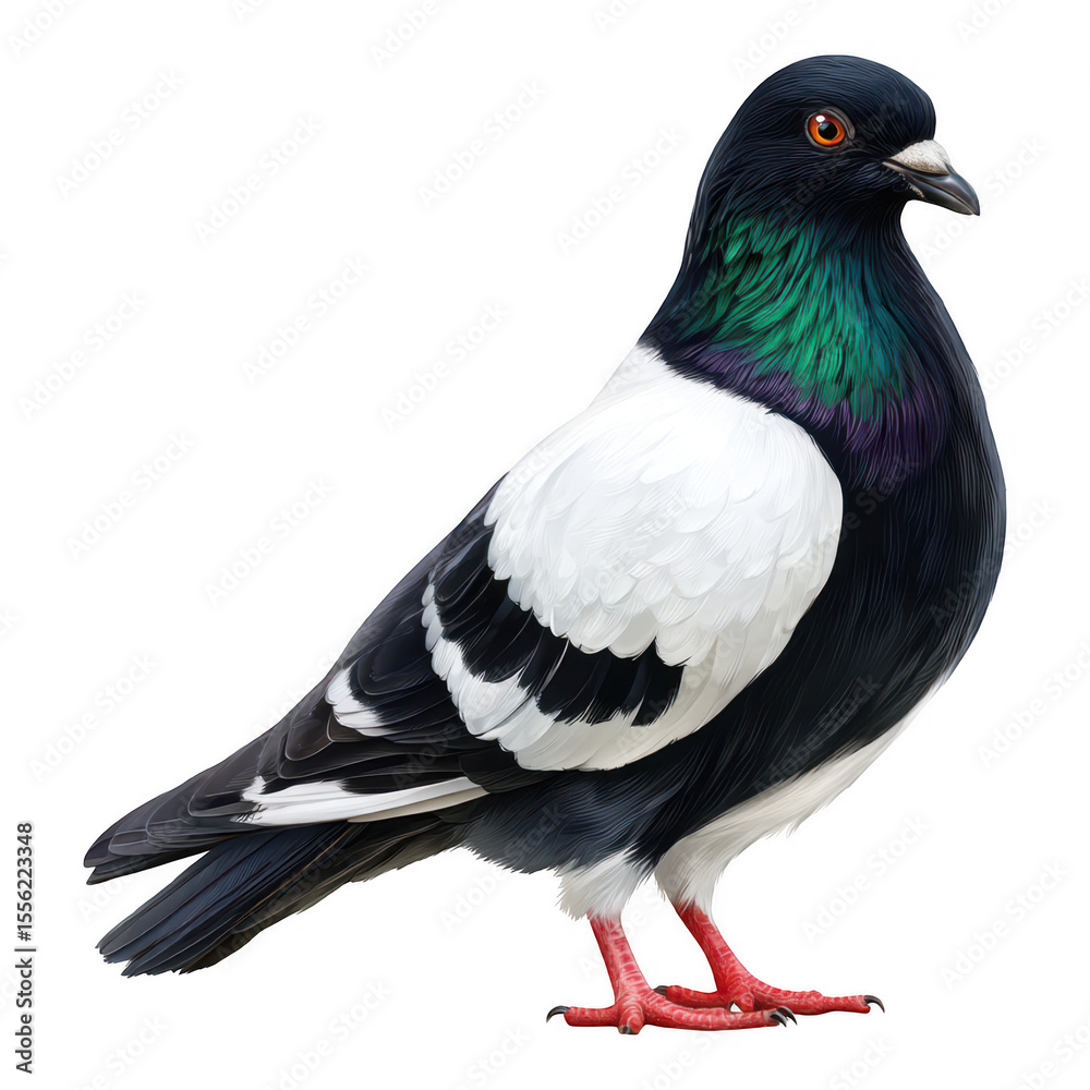 Fototapeta premium Elegant Pigeon with Striking Black and White Feathers and Iridescent Neck in Profile View