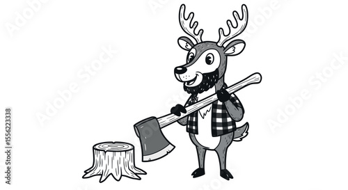 Lumberjack deer cartoon vector illustration for children's book, hand drawn style