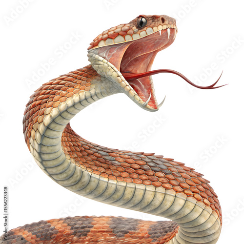 A venomous snake, isolated on transparent background, is coiled and ready to strike, its fangs bared in a threatening pose