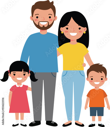 Smiling cartoon parents with two children