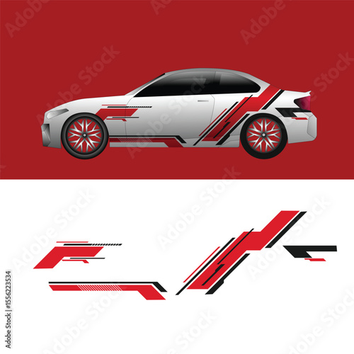 Futuristic car body wrap livery decal design with sharp elements and dominant red and black colo