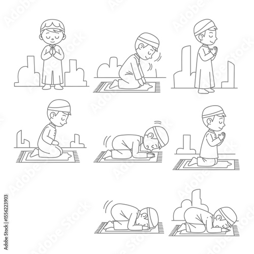 illustration of an Arabian male kid character salat