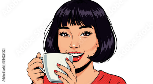 Pop art vector illustration of smiling woman with coffee for poster or print