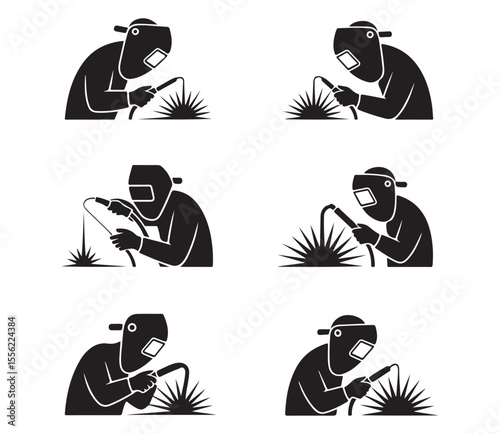 Welding Silhouette Vector Set of Workers with Welding Masks and Torches