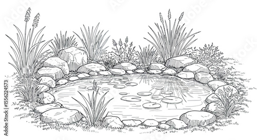 Tranquil garden pond vector illustration: line style for design, print, poster