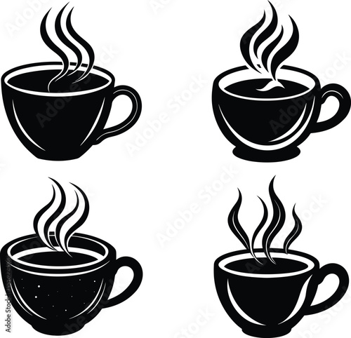 Hot Coffee Cup Silhouette Set, Steaming Tea Mug Vector Icons, Beverage Drink Ware Black Graphics.