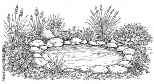 Tranquil pond scene vector illustration for garden design in hand drawn style