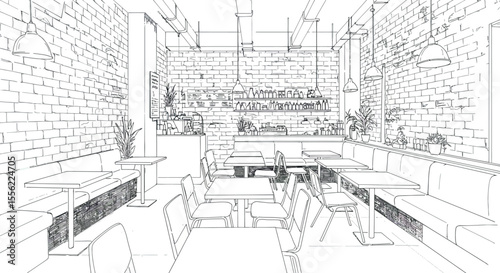Line art vector illustration of modern cafe interior design for decor and prints