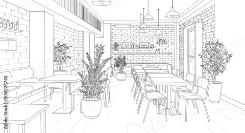Modern cafe interior design vector illustration in line art for print and decoration