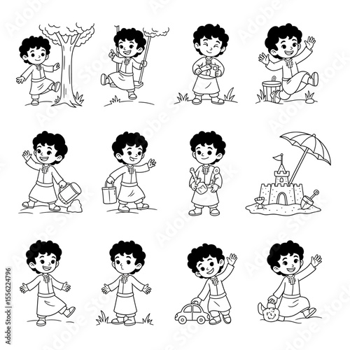 illustration of an Arabian male kid character playing