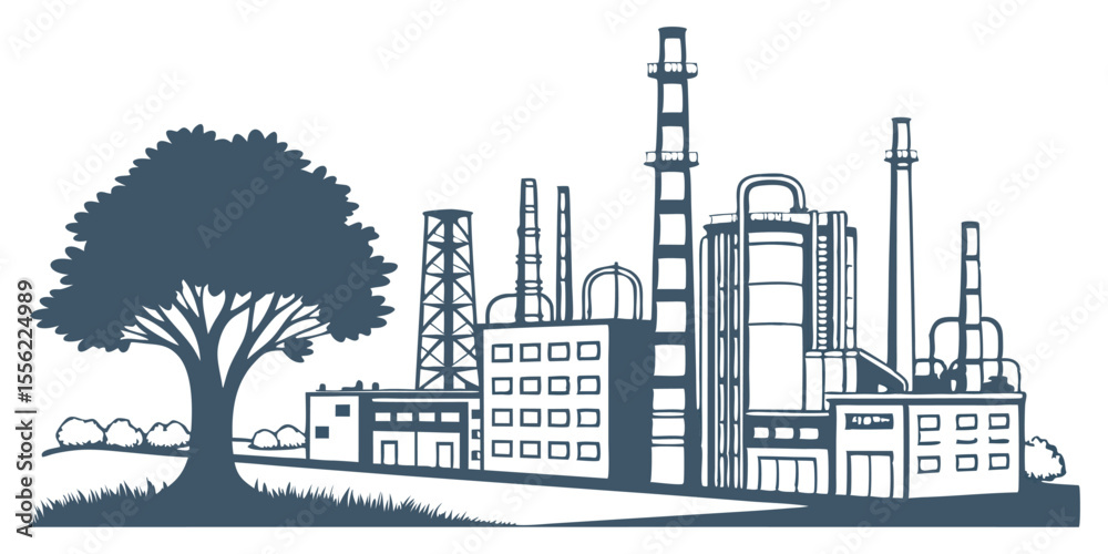 Obraz premium Factories silhouette outline with tree shadows background in blue monochrome isolated illustration.