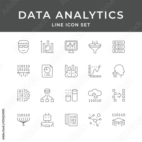 Data Analytics Line Icon Set – Big Data, Analysis, Chart, Report, AI, Cloud, Database, Minimal Vector Collection