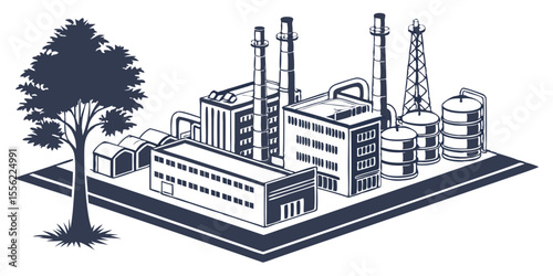 Industrial factories with shadow outline trees background blue monochrome isolated illustration.