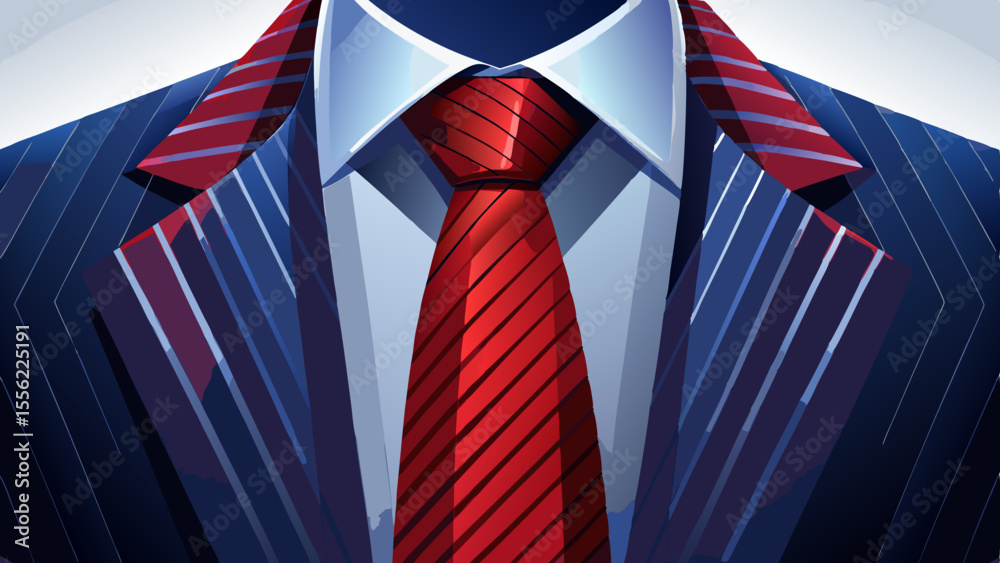 A rich crimson silk tie with subtle diagonal stripes hangs perfectly centered on a navy blue suit. The fabric reflects ambient office light, adding depth and sheen. White background