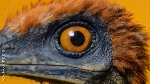 Close-up Portrait of Ornithomimus Dinosaur on Solid Vivid Yellow Background