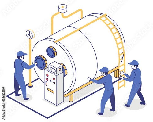  Research engineers using advanced diagnostics and digital tools on micro small nuclear reactor in high tech lab isometric isolated illustration.