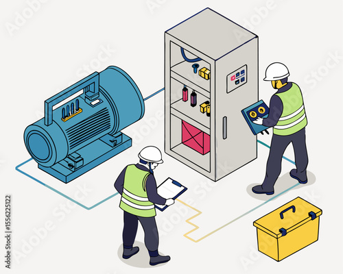  Engineer and electrician performing industrial water pump maintenance service isometric isolated illustration.