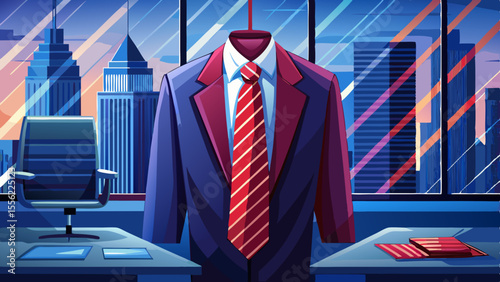A rich crimson silk tie with subtle diagonal stripes hangs perfectly centered on a navy blue suit. The fabric reflects ambient office light, adding depth and sheen. White background
