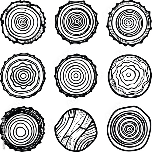  Detailed Black and White Line Drawings of Tree Rings Cross Sections Various Patterns wood grain
