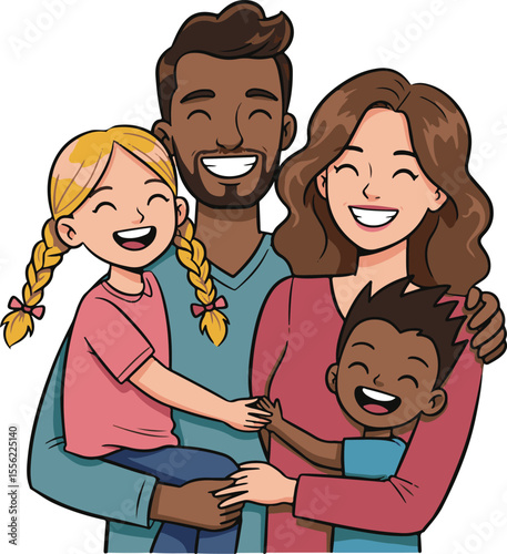 Multiracial cartoon family hugging together