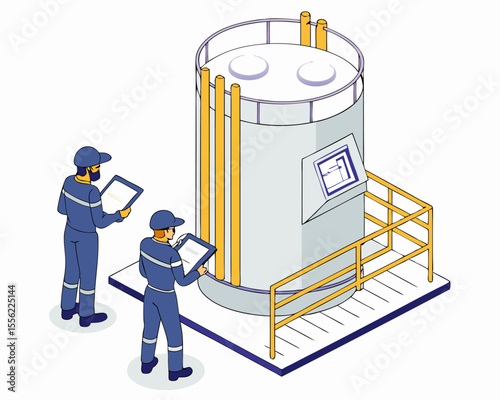  Engineers analyzing compact micro small nuclear reactor diagnostics using digital tools and blueprints in high tech laboratory isometric isolated illustration.