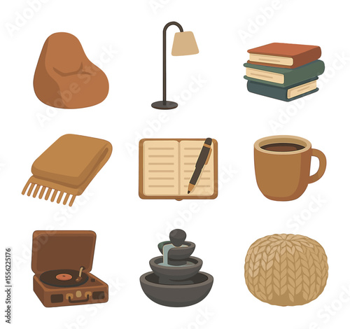 Cozy Corner Icons. Flat icon set of cozy creative corners: beanbag chair, floor lamp, stacked books, warm
