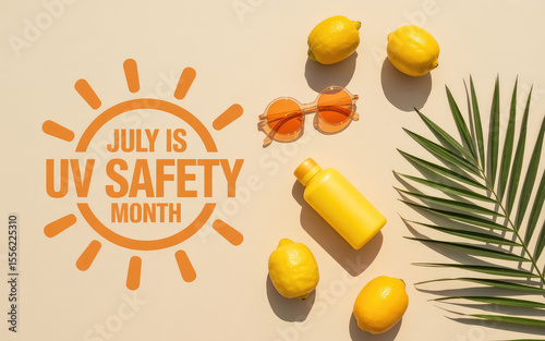UV Safety Awareness: An eye-level shot of summer essentials. Sunglasses, sunscreen, lemon and palm leaf arrangement. Promoting UV safety tips in a flatlay.