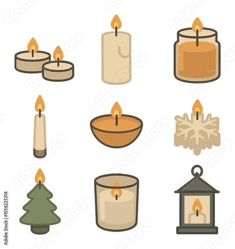 Cozy Candle Icons. Flat icon set of cozy candle styles: tea lights, pillar candle, jar candle, tapered candle,