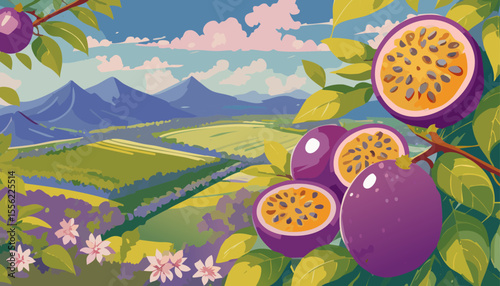Passion fruit hanging from tree in an artistic landscape