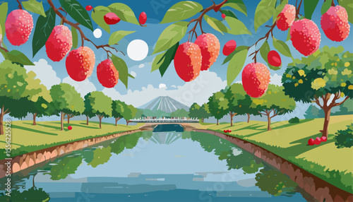 A picturesque landscape scene with a canal running through the center, trees and bright red fruits in the foreground. A serene scene of nature and art
