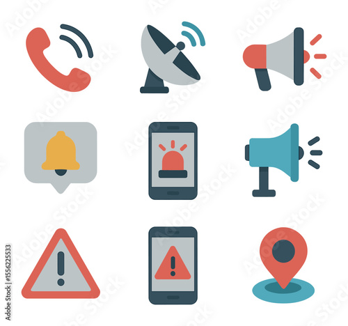 Emergency Communication Icons. Flat icon set of emergency communication systems: 911 call icon, satellite dish