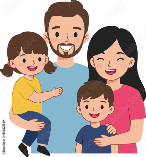 Asian cartoon family with two happy children