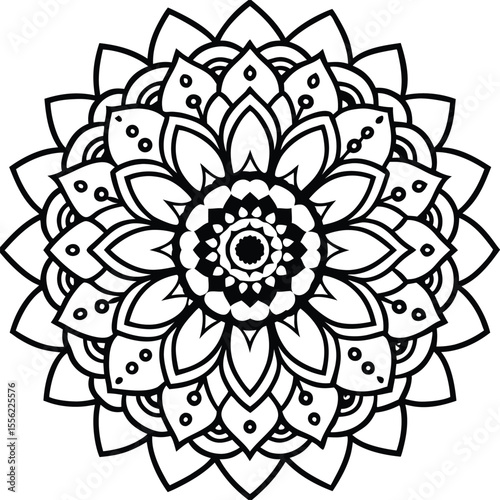 A Vibrant Black and White Circular Mandala with Intricate Floral Designs and Symmetrical Patterns vector