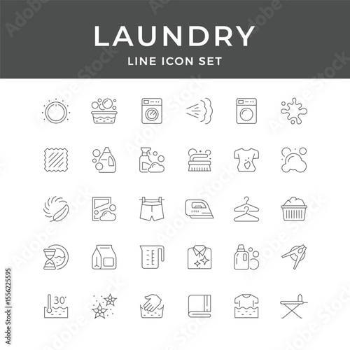 Laundry Line Icon Set – Washing, Clothes, Detergent, Iron, Basket, Clean, Dry, Minimal Vector Collection