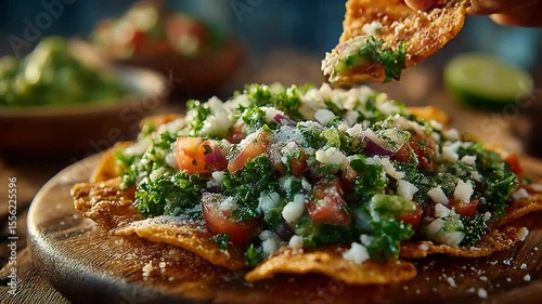Delicious nachos being topped with fresh ingredients on wooden serving board for a food blog
