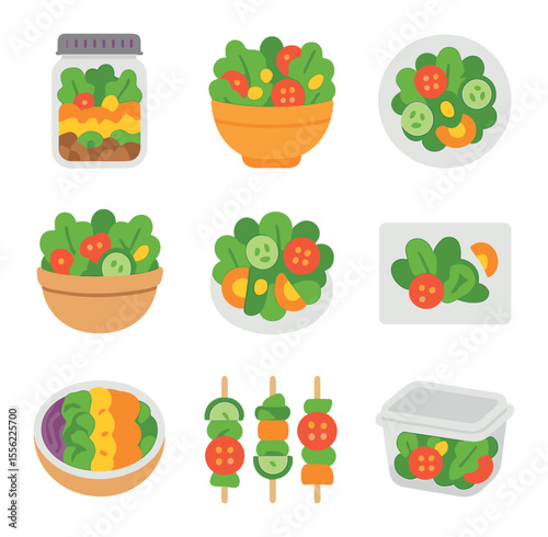 Salad Presentation Icons. Flat icon set of salad presentation styles: mason jar salad, layered bowl, side