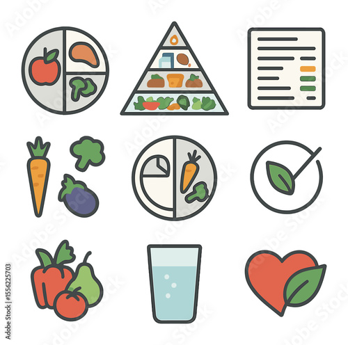 Healthy Eating Icons. Flat icon set of healthy eating elements: balanced plate, food pyramid, nutrition label,