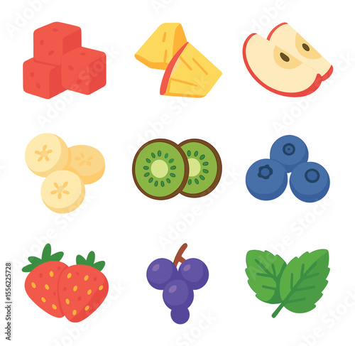 Fruit Salad Icons. Flat icon set of fruit salad components: watermelon cubes, pineapple chunks, apple slices,