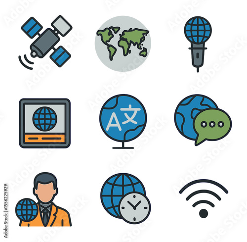 Global Media Icons. Flat icon set of global media networks: satellite, world map icon, international