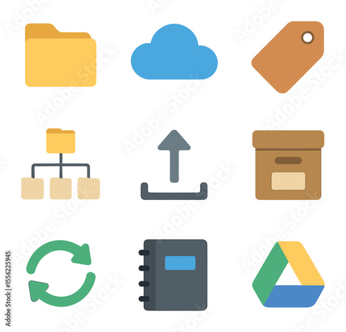 Digital Organization Icons. Flat icon set of digital organization tools: file folder, cloud storage, tag icon,