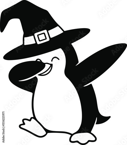  Dabbing Penguin in Witch Hat: Funny Halloween Cartoon Character.