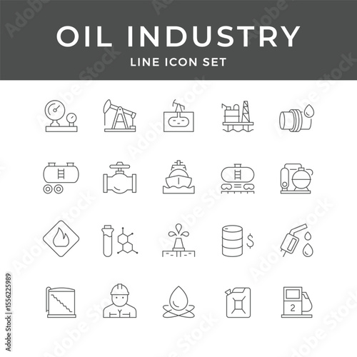 Oil Industry Line Icon Set – Petroleum, Pump, Tank, Refinery, Barrel, Gas, Energy, Minimal Vector Collection