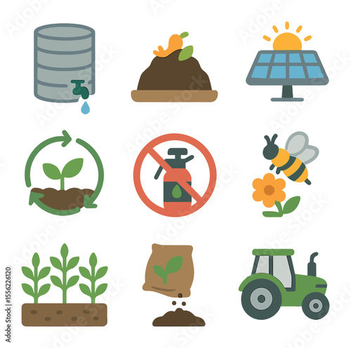 Sustainable Farming Icons. Flat icon set of sustainable farming: rainwater tank, compost pile, solar panel,